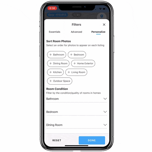 Tapping the room sort buttons in the Personalize tab of the Torii app Home search section